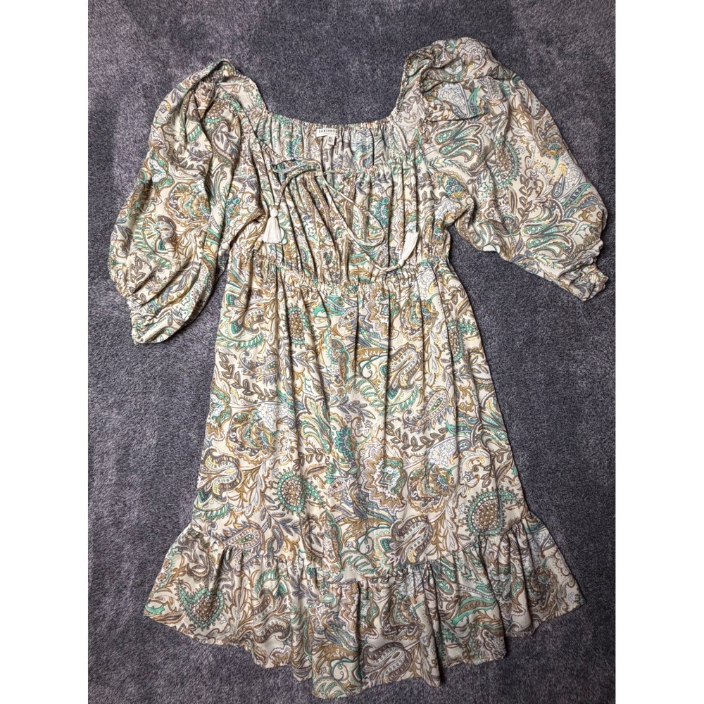 Earthbound Trading Co Paisley Boho Mini Dress XL Gold Metallic Puff Sleeve Tie